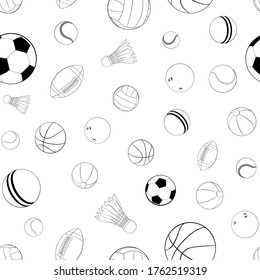 Sports balls vector seamless pattern. Flat vector illustration for web design, logo, icon, app, UI. Isolated stock illustration on white.