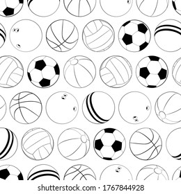 Sports balls vector seamless pattern. Flat vector illustration for web design, logo, icon, app, UI. Isolated stock illustration on white.