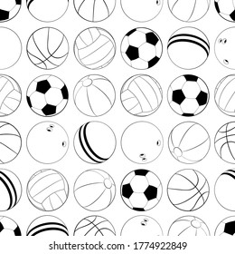 Sports balls vector seamless pattern. Flat vector illustration for web design, logo, icon, app, UI. Isolated stock illustration on white.