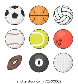 Sports balls vector set. Basketball, soccer, tennis, football, baseball, bowling, golf, volleyball. Flat vector illustration.