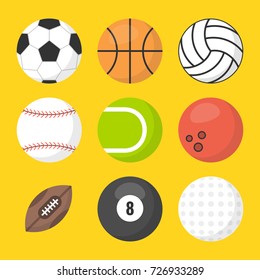 Sports balls vector set. Basketball, soccer, tennis, football, baseball, bowling, golf, volleyball. Flat vector illustration.