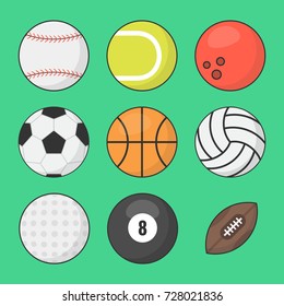 Sports balls vector set. Basketball, soccer, tennis, football, baseball, bowling, golf, volleyball. Flat vector illustration.