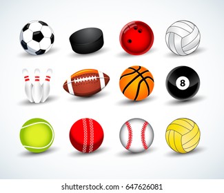 Sports balls vector set. hockey, baseball, cricket, basketball, soccer, tennis, football, baseball, bowling, golf, volleyball, 8 ball. Isolated vector illustration.