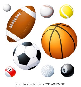 Sports balls vector set. Illustration of soccer and baseball, football game and tennis
