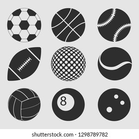 Sports balls vector set.Basketball, Baseball, American football, Volleyball, Soccer ball, Tennis ball.Bowling ball.Billiard ball.Cartoon balls icons. 