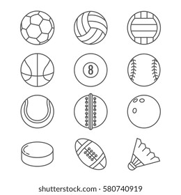 Sports balls vector thin line icons. Basketball and soccer, tennis and football, baseball or bowling, golf and volleyball balls illustration