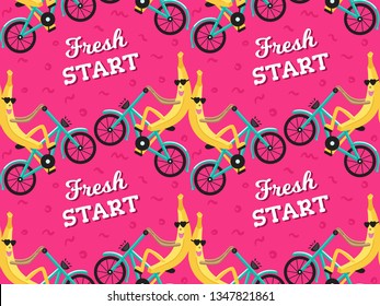 Sports bananas doing bike tricks. Summer fruits are engaged in Cycling. Summer seamless pattern. Perfect for poster, packaging, clothing.