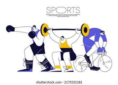 Sports banner with athletes cyclist, weightlifter and boxer on white background. Different male and sportsmen isolated. Flat Art Vector Illustration