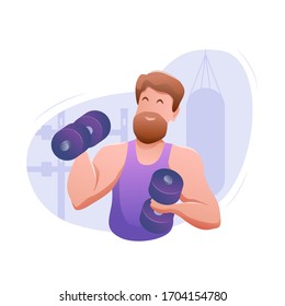 Sports banner flat design isolated. Young muscular sportsman with dumbbells in gym. Performing a bench press by an athlete in training. Modern vector illustration.