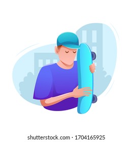 Sports banner flat design isolated. Young man in cap with skateboard in city street. Active entertainment and extreme sports. Modern vector illustration.