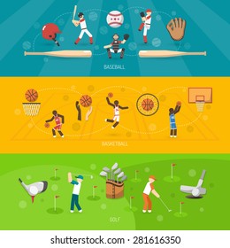 Sports banner horizontal set with baseball basketball golf players isolated vector illustration