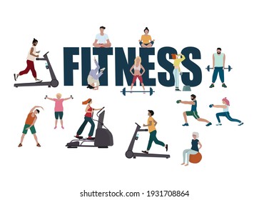 A sports banner for a landing page or a fitness advertising concept, people train with equipment. Flat vector design of guys and women exercising next to big fitness letters.