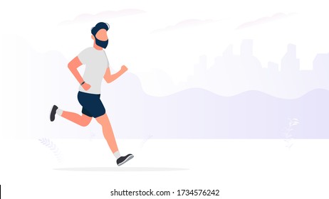 Sports banner with place for text. A guy in shorts and a shirt is running. Isolated. Vector.