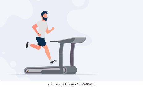 Sports banner with place for text. The guy on the treadmill. A man in shorts and a T-shirt runs on a simulator. Vector.