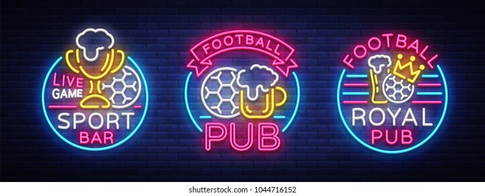 Sports Bar Collection Of Logos In Neon Style. Set Neon Signs, Soccer Fan Club, Light Banner Label Beer And Soccer Ball Or Bowl For Live Gaming Tournaments Or Championships Team. Vector Illustration