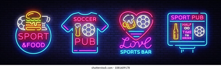 Sports bar collection logos neon vector. Sports pub set neon signs, Football and Soccer concepts, night bright signboard for sports pub bar, fan club, dining room, soccer cup, football online. Vector Sports bar collection logos neon vector. Sports pub set neon signs, Football and Soccer concepts, night bright signboard for sports pub bar, fan club, dining room, soccer cup, football online. Vector