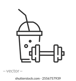 sports bar icon, fresh drink in gym icon, protein drink, plastic cup with dumbbells, thin line web symbol on white background - editable stroke vector illustration