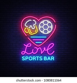 Sports bar logo neon vector. Sports pub neon sign, I love beer and Soccer concept, nightlife bright signboard for sports pub, bar, fan club, dining room, soccer cup, football online. Vector