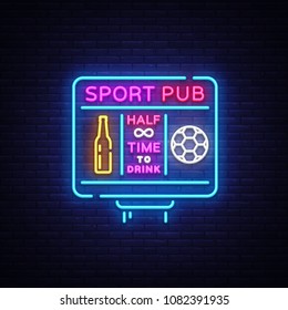 Sports bar logo neon vector. Sports pub neon sign, Football scoreboard concept, nightlife bright signboard for sports pub, bar, fan club, dining room, soccer cup, football online. Vector
