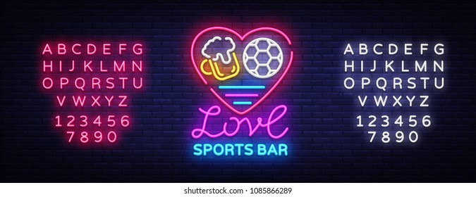 Sports bar logo neon vector. Sports pub neon sign, I love beer and Soccer concept, nightlife bright signboard for sports pub, bar, fan club, soccer cup, football online. Vector Editing text neon sign