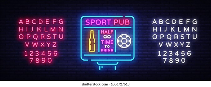 Sports bar logo neon vector. Sports pub neon sign, Football scoreboard concept, nightlife bright signboard for sports pub, bar, fan club, soccer cup, football online. Vector. Editing text neon sign Sports bar logo neon vector. Sports pub neon sign, Football scoreboard concept, nightlife bright signboard for sports pub, bar, fan club, soccer cup, football online. Vector. Editing text neon sign