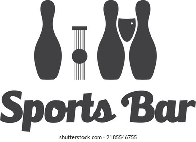 Sports bar or restaurant logo with bowling pins guitar and glass of wine. 