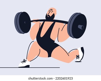 Sports barbell for weightlifting. An athlete lifting a barbell with a large weight. Graphics in cartoon style. Sports equipment and clothing for bodybuilding. Muscular athlete character