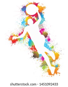 Sports, Basketball Logo Design, Colorful Paint Drops Ink Splashes, Goal, Icon, Exercise, Symbol, Silhouette, Vector Illustration On White Background.