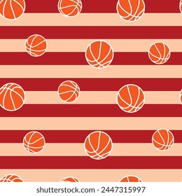 BALONCESTO DEPORTIVO DIFERENTES TAMAÑOS Y POSICIONES CON FONDO DE RAYAS EN TODO EL ESTAMPADO ILUSTRACIÓN VECTORIAL DE PATRÓN SIN FISURAS