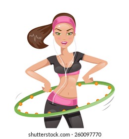 Sports beautiful girl exercising with hoop and listening to music