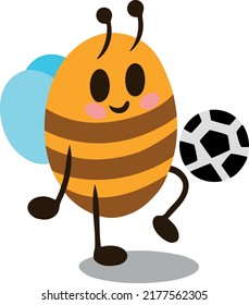 Sports bee isolated on white background. Vector illustration. Bee playing football. Design element