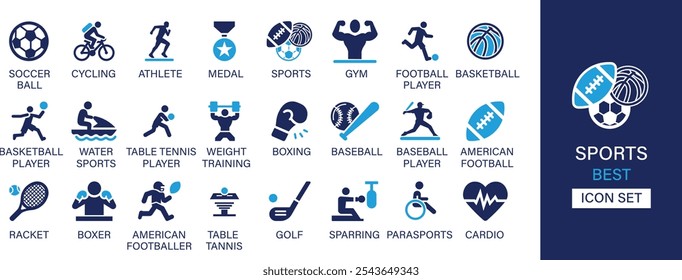 Sports best solid icon set collection. Soccer ball, cycling, athlete, medal, sports, gym, football player, basketball, water sports, table tennis player, boxing, racket and vector illustration.