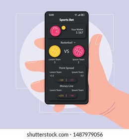 Sports bet manager smartphone interface vector template. Mobile app page black design layout. Money line screen. Flat UI for application. Hand holding phone with victory prediction on display
