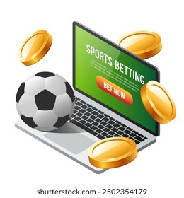 Sports betting 3D illustration. Laptop and soccer ball. Vector clipart isolated on white background.