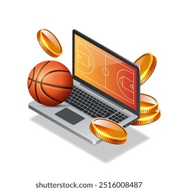 Sports betting 3D illustration. Laptop and basketball ball. Vector clipart isolated on white background.