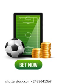 Sports betting advertising banner. Tablet with a football field on the screen. Soccer ball and gold coins. Vector illustration.