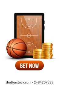 Sports betting advertising banner. Tablet with a basketball court on the screen. Basketball and gold coins. Vector illustration.