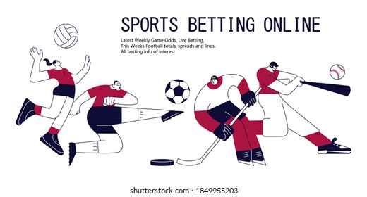 Sports betting banner with athletes. Football, Volleyball, Baseball and Ice Hockey in modern outline minimalism design. Flat Art Vector Illustration