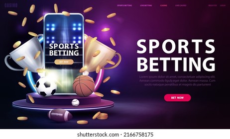 Sports betting, banner with podium with smartphone, champion cups, falling gold coins, sport balls and gradient neon circle frame in dark empty scene.