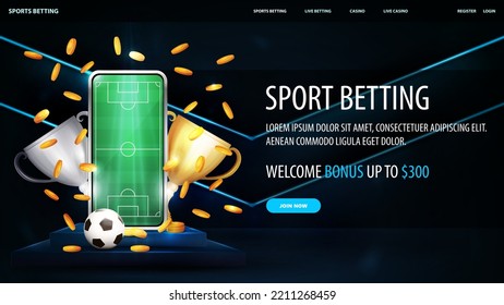 Sports betting, banner with podium, smartphone, champion cups, falling gold coins and football ball in scene with neon blue large arrows on wall.