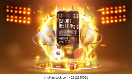 Sportwetten, Banner mit Smartphone, Champion Cups, fallende Goldmünzen und Sportbälle auf goldenem Podium mit gelbem Neonring auf Feuer