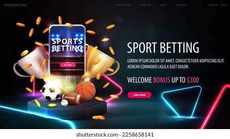 Sports betting, banner with smartphone, champion cups, falling gold coins and sport balls in black scene with neon blue and pink triangles around