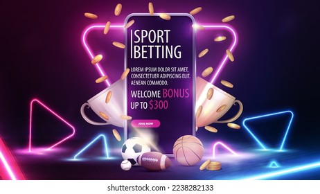 Sports betting, banner with smartphone with neon triangle frame on background, champion cups, falling gold coins and sport balls in scene with neon blue and pink triangles around