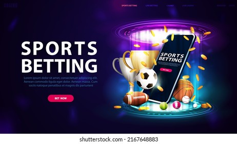 Sports betting  banner for website and button  smartphone  champion cups  falling gold coins  sport balls   hologram digital rings in dark empty scene