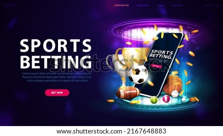 Sports betting, banner for website with button, smartphone, champion cups, falling gold coins, sport balls and hologram of digital rings in dark empty scene