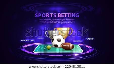 Sports betting, banner for website with football balls in smartphone on blue and pink digital podium with hologram of digital rings