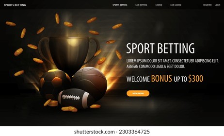 Sports betting  black banner and black champion cup  black sport balls   falling gold coins in black scene  web banner and sport elements