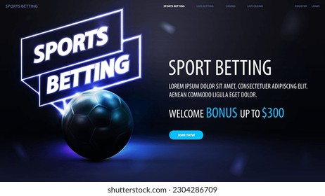 Sports betting, black and blue web banner with football ball with neon signboard on dark background