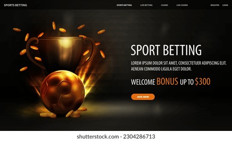 Sports betting, black and gold web banner with champion cup, gold sport balls and falling coins, banner with sport elements