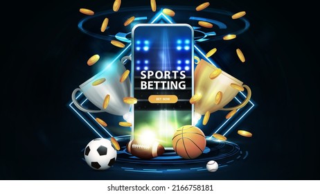 Sports betting, blue banner with smartphone, champion cups, falling gold coins and sport balls in dark scene with neon rhombus frames and hologram of digital rings